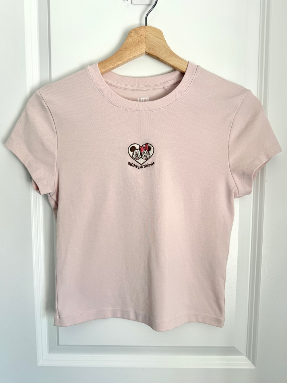 Pink Minnie & Mickey Embroidered Baby Tee Women Size Small